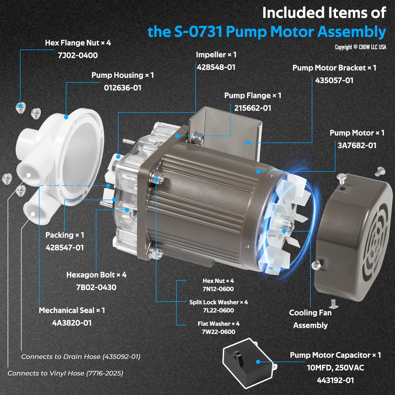 S-0731 Ice Machine Motor for Hoshizaki, Pump Service Assembly with Mounting Plate, 14-Inch Cable & Plug