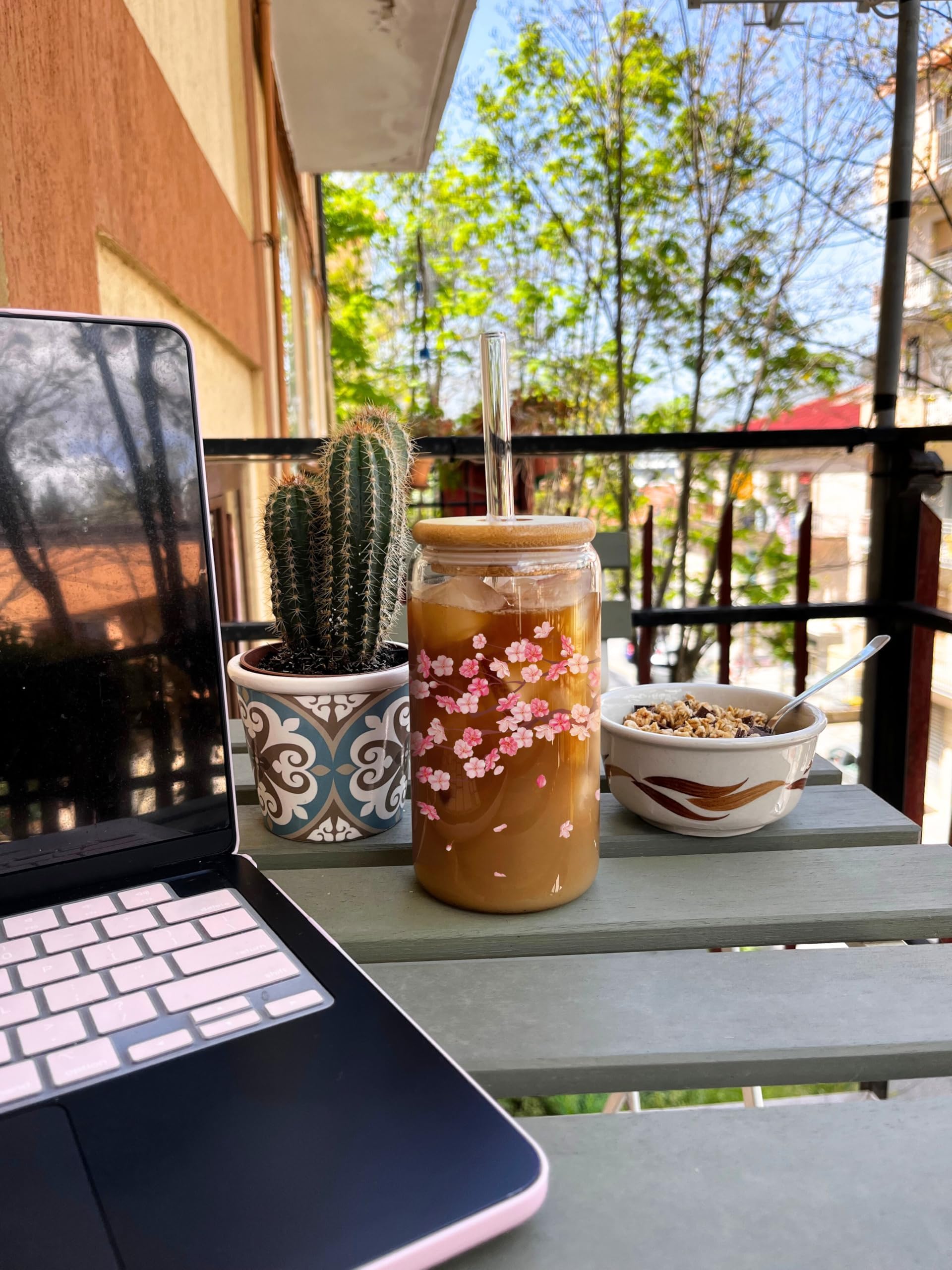 Aesthetic Cherry Blossom Glass Cup with Lid and Straw - Cute Coffee, Latte, Matcha Tumbler 16 oz - Floral Iced Coffee Cup - Preppy Birthday Gift for Women, Best Friends, Mom, Bridesmaid, Coffee Lover