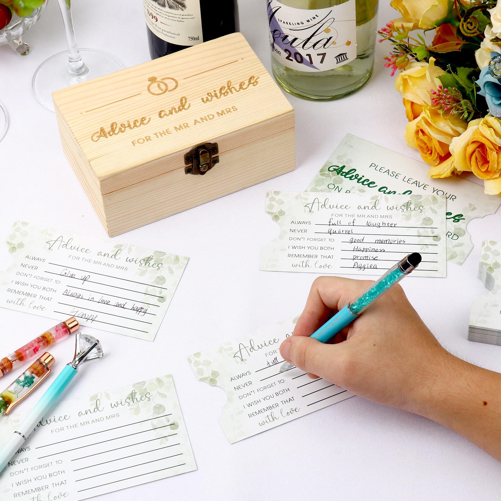 Zzbakress 50 pcs Wedding Advice Cards with Wood Box for Bridal Shower Decor Advice and Wishes for The Mr and Mrs Advice and Wishes for Bridal Shower Games or Wedding Decoration (Elegant)