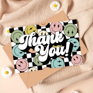 Whaline 24 Pack Groovy Thank You Cards Checkerboard Smile Face Thank You Note Cards with Envelopes Stickers for Baby Shower Birthday