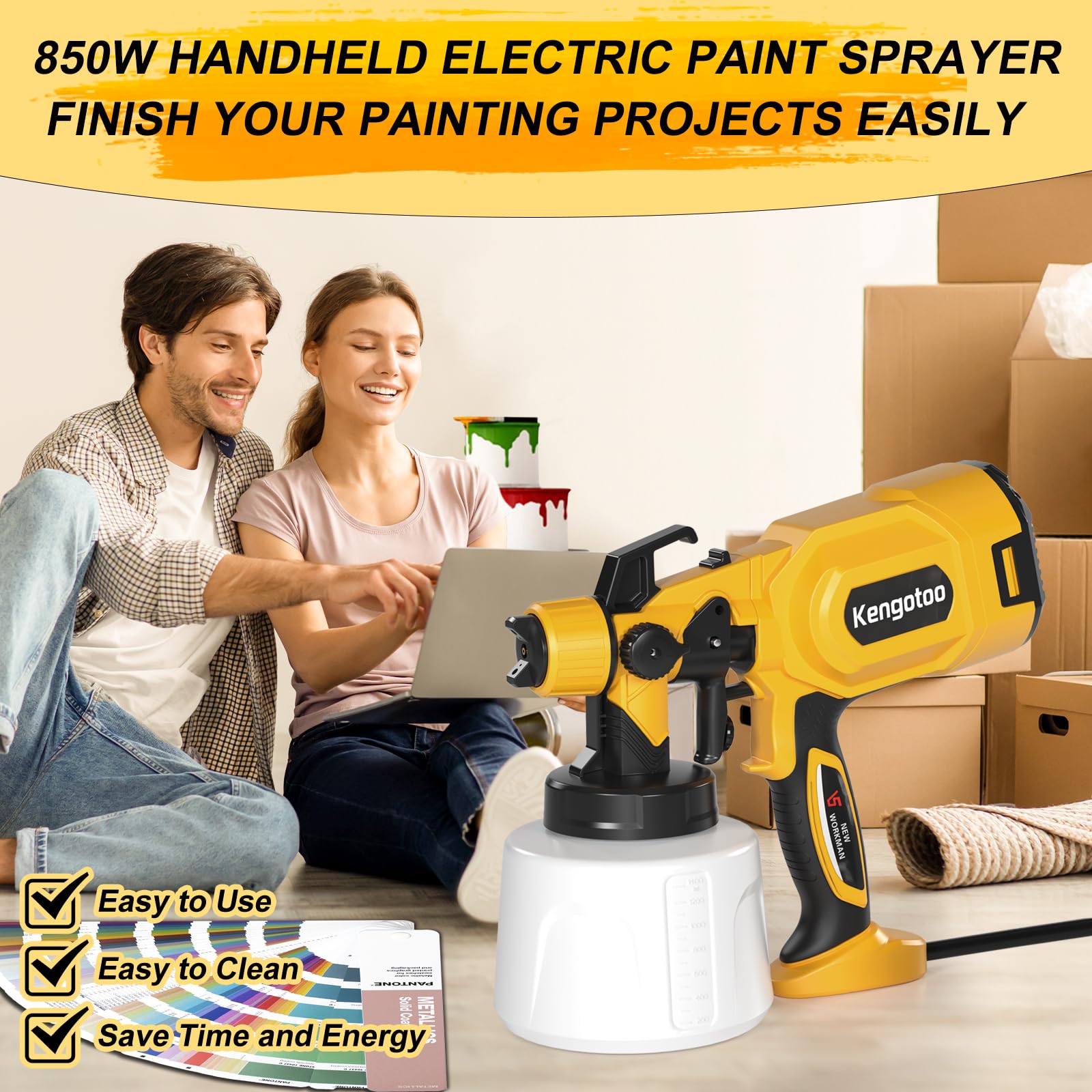 Paint Sprayer 850W HVLP Electric Spray Gun with 4 Nozzles and 3 Patterns, 1400ml Capacity Electric Spray Paint Gun for Furniture, Cabinets, Fence, Walls, Door, Garden Chairs etc. Yellow