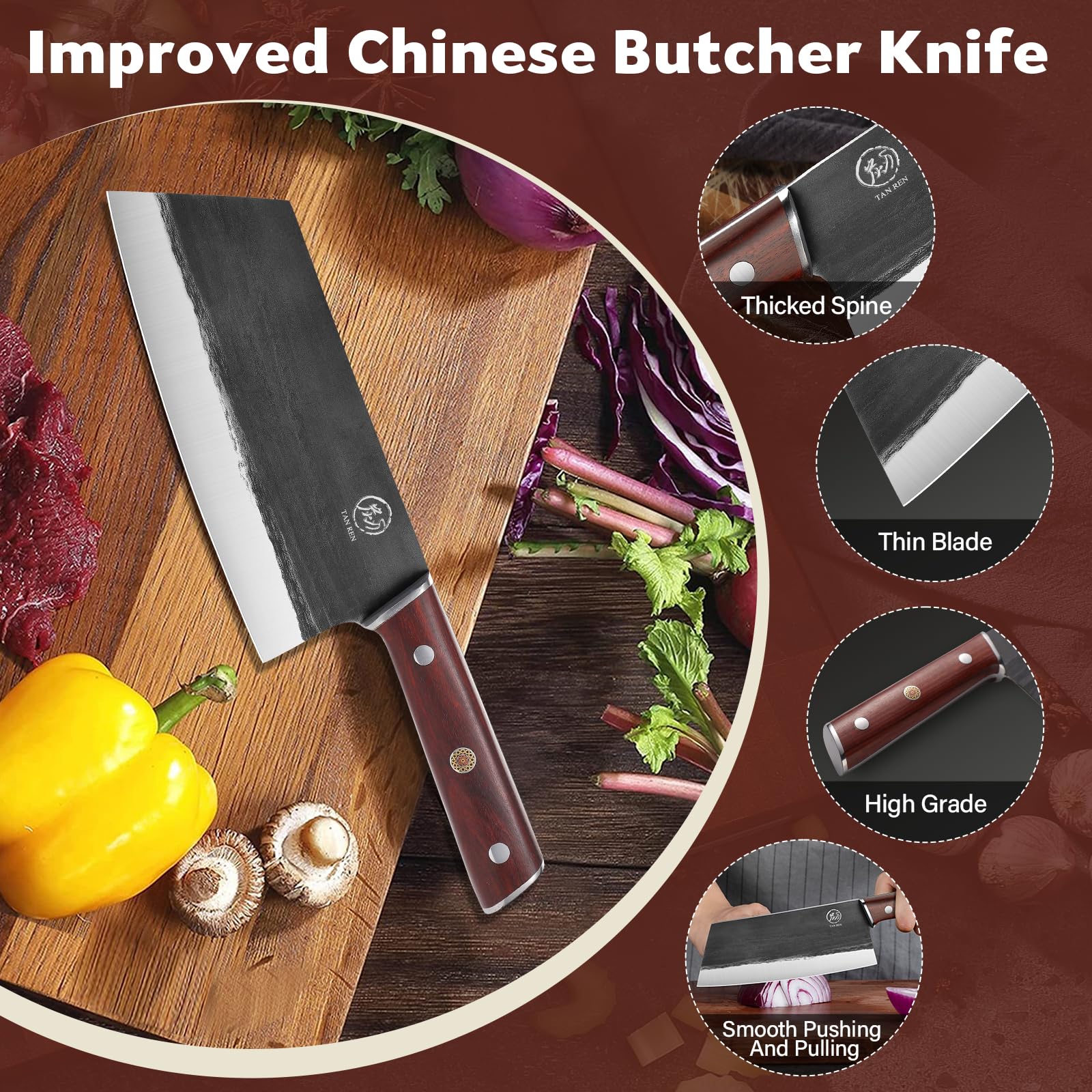 TAN REN 7.5 Inch Chinese Cleaver Knife and 7 Inch Boning Knife for Meat Cutting, High Carbon Steel Butcher Knife, Stainless Boning Knives with Sheath