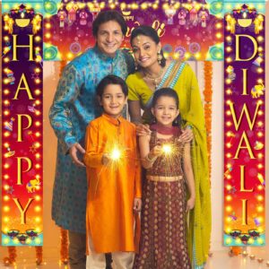 VitalCozy 3 Pcs Lighted Diwali Party Decorations Happy Diwali Banner Couplets Include 6 Light Strings Diwali Porch Sign Banner Flag for Door Porch Signs Wall Hanging Decor Supplies