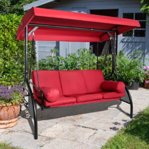 quyze 2 in 1 outdoor porch swing, outdoor swing with canopy, 3-seat porch swing with stand convertible backrest swing bed w/cup holders for front porch lawn cushion and pillows included, wine red