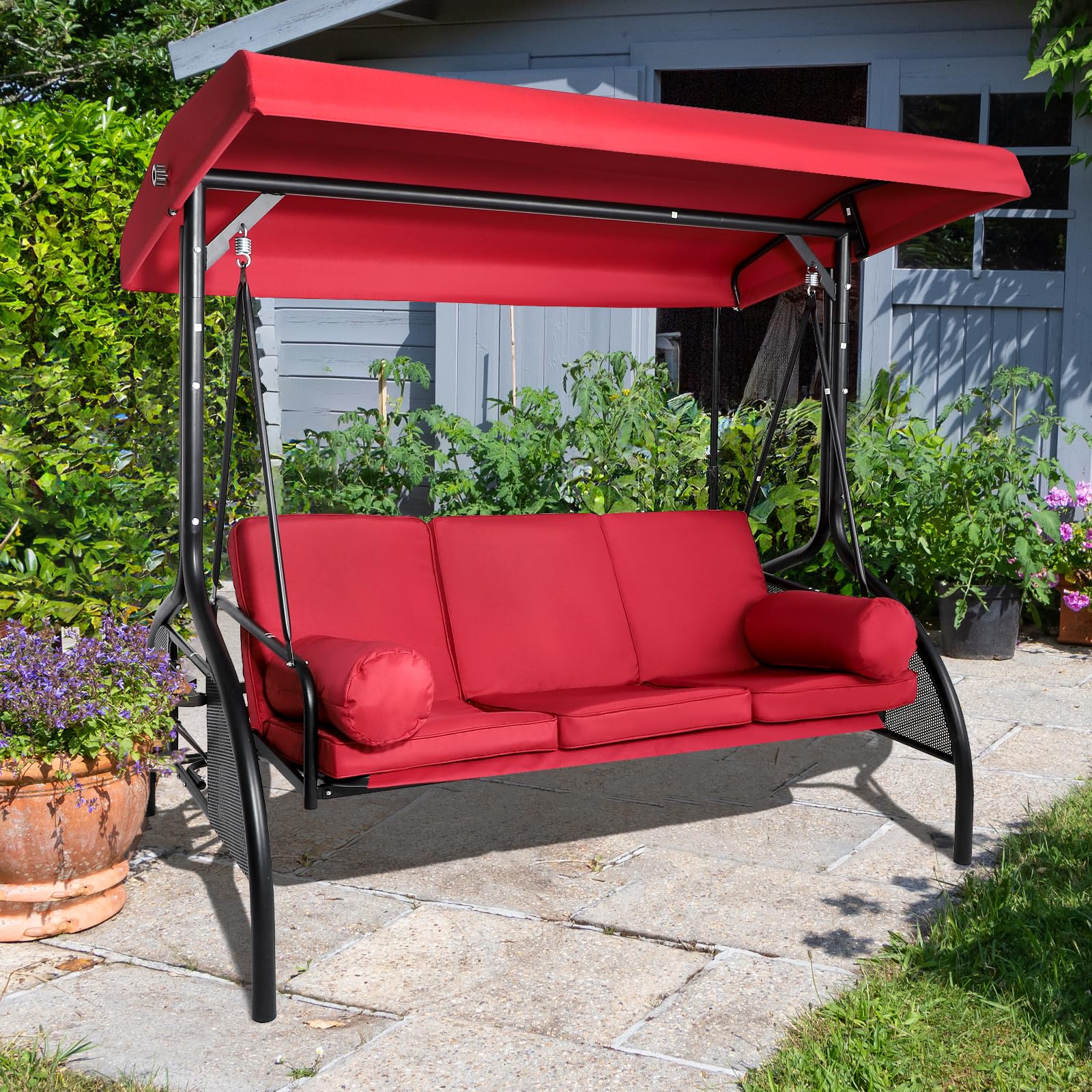 QUYZE 2 in 1 Outdoor Porch Swing, Outdoor Swing with Canopy, 3-seat Porch Swing with Stand Convertible Backrest Swing Bed w/Cup Holders for Front Porch Lawn Cushion and Pillows Included, Wine Red