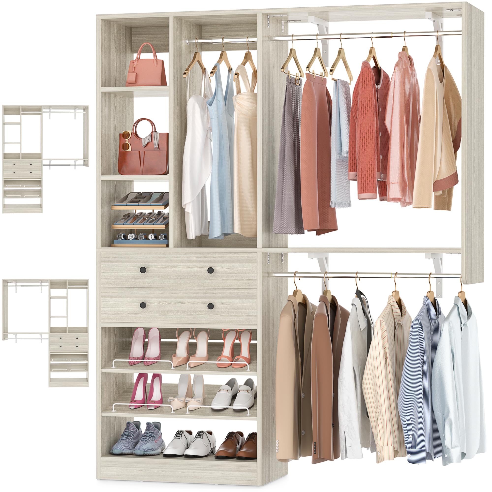 Besiost Closet System - 5FT Small Closet System with Drawers, 60" Closet Organizer System with Reversible Hanging Shelving, Closet Systems for Small/Walk-in Closets, Greige Oak