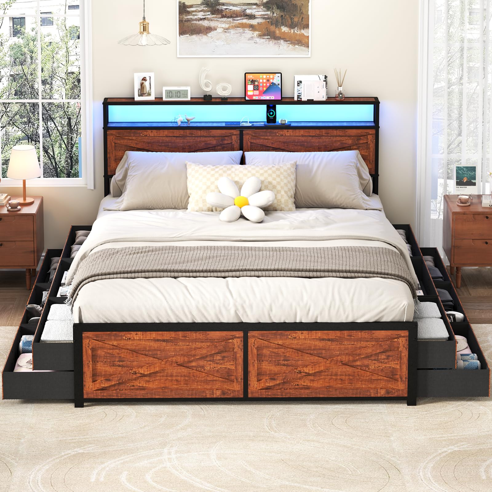 Kiivakii King Size Bed Frame with 12 Storage Drawers, LED Headboard with Charging Station, Metal Platform Bed Frames, No Box Spring Needed, Noise Free, Stable and Solid, Brown