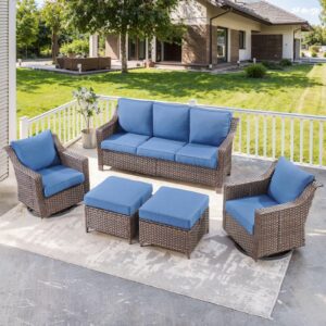 opohoro 5 pieces patio conversation sets-outdoor furniture all weather wicker couch with swivel glider chair patio conversation set for porch garden backyard poolside-brown/blue