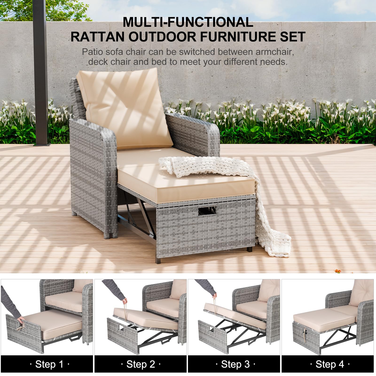 Wicker Outdoor Patio Sofa Chair with Cushion Grey Rattan Convertible Outdoor Furniture with Waterproof Thick Cushion for Backyard Balcony Porch Set of 2