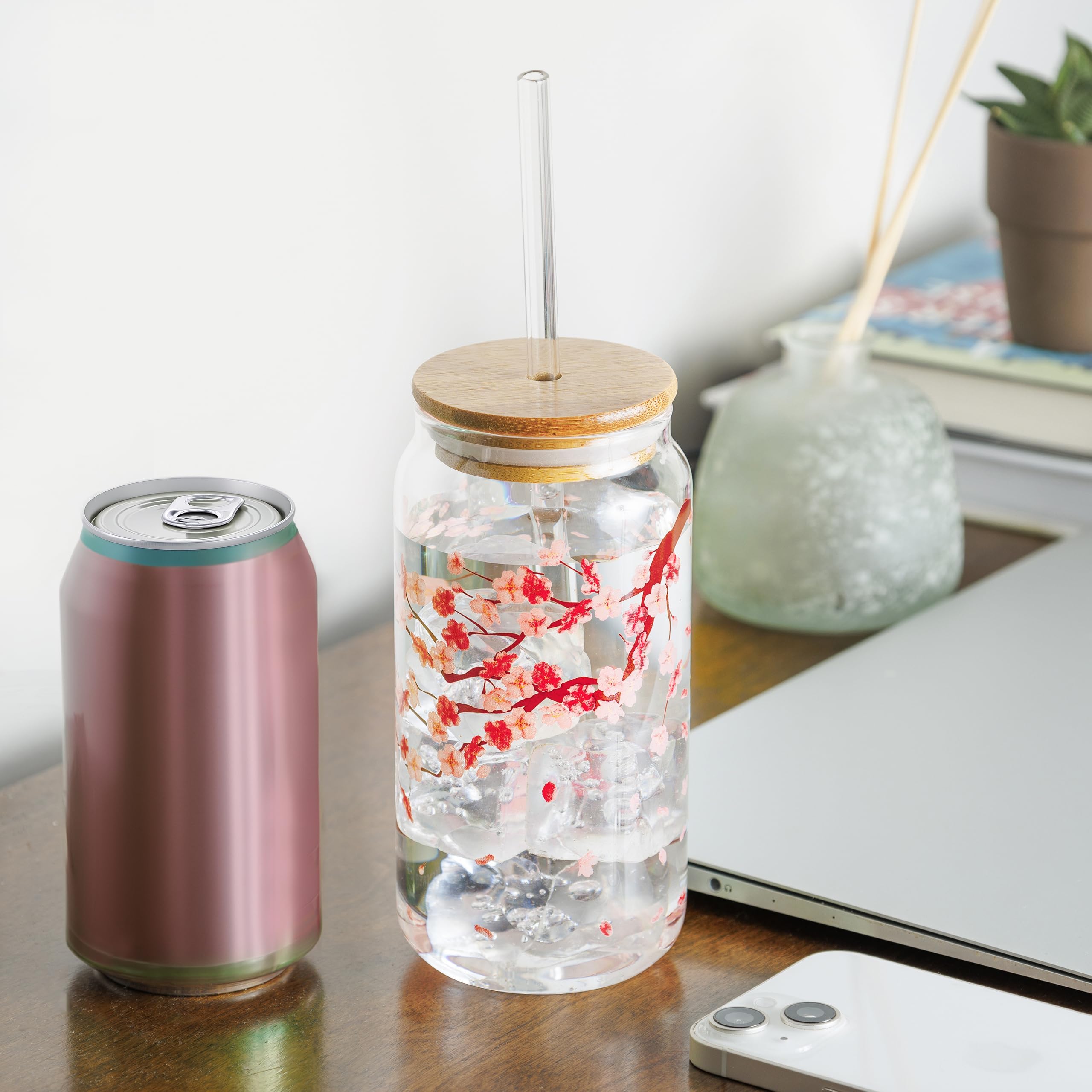 Aesthetic Cherry Blossom Glass Cup with Lid and Straw - Cute Coffee, Latte, Matcha Tumbler 16 oz - Floral Iced Coffee Cup - Preppy Birthday Gift for Women, Best Friends, Mom, Bridesmaid, Coffee Lover