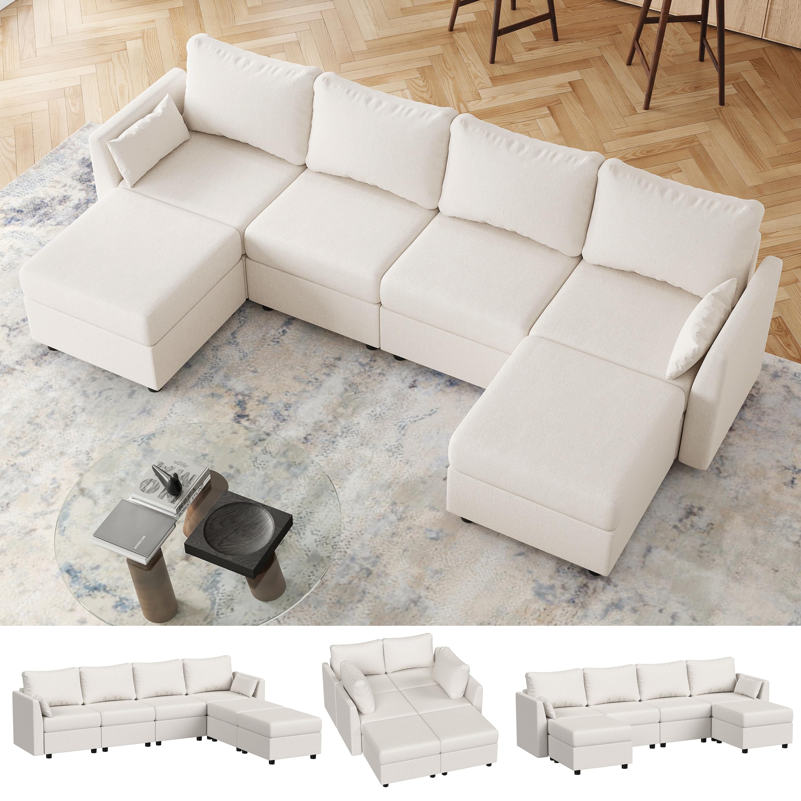 Mangodan Modular Sectional Sofa with Storage, Convertible 6 Seat Sectional Couches for Living Room, U Shaped Sectional Sofa with Chaise, Comfy Sectional Sleeper Sofa, High Supportive Sponge-Beige