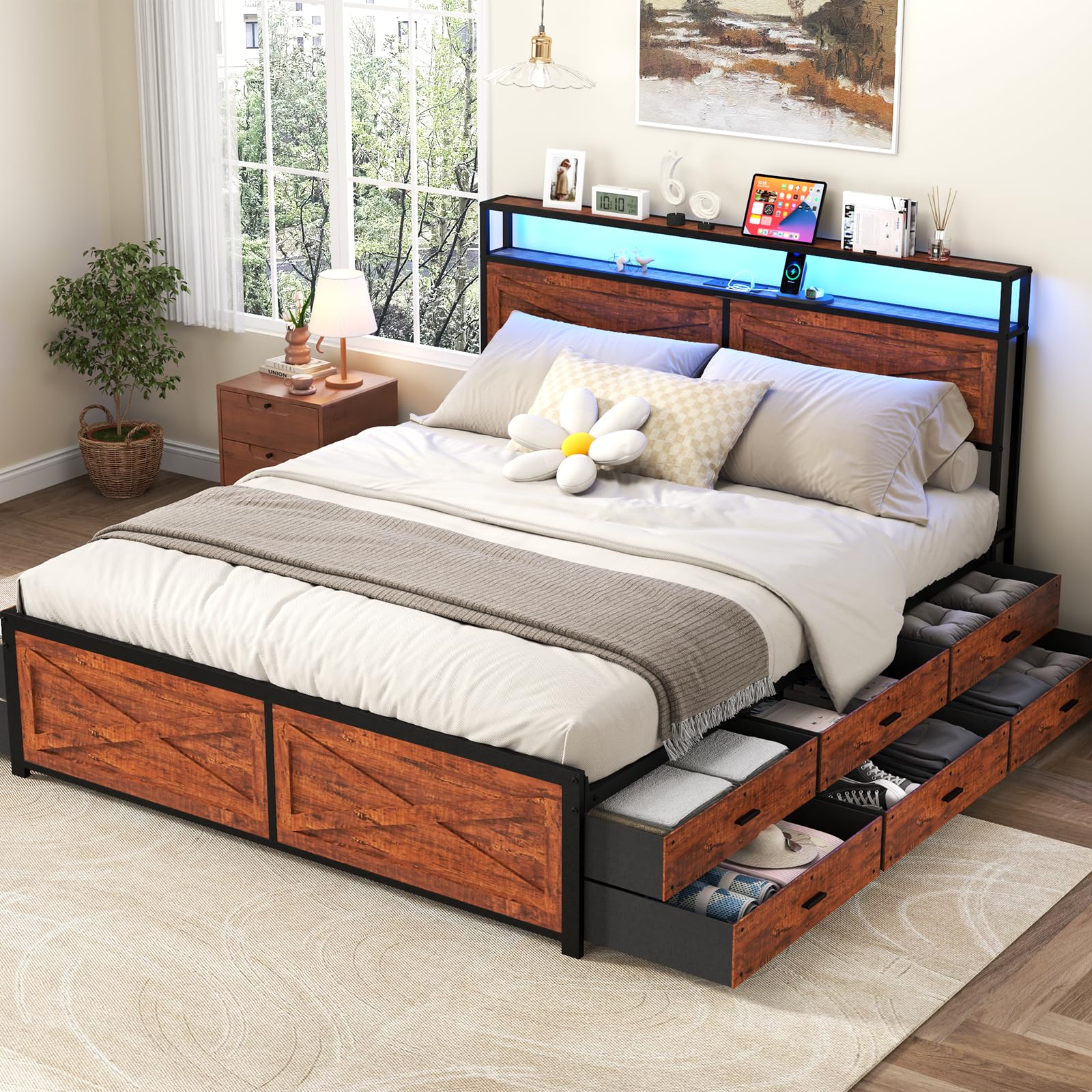 Kiivakii King Size Bed Frame with 12 Storage Drawers, LED Headboard with Charging Station, Metal Platform Bed Frames, No Box Spring Needed, Noise Free, Stable and Solid, Brown