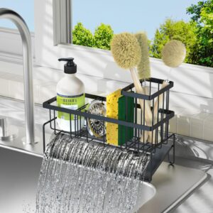 juseisin kitchen sink caddy organizer, upgrade faucet sponge rack for sinks, bottle brush holder and organizers storage with dish soap, auto draining tray, rustproof adjustable organizadores