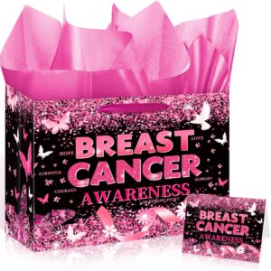 black pink breast cancer awareness gift bags with tissue paper greeting card pink ribbon party favors breast cancer awareness party decorations for christmas women patient friends coworker charity