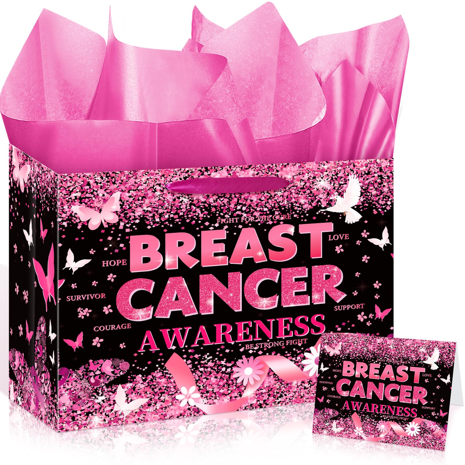 Black Pink Breast Cancer Awareness Gift Bags with Tissue Paper Greeting Card Pink Ribbon Party Favors Breast Cancer Awareness Party Decorations for Christmas Women Patient Friends Coworker Charity