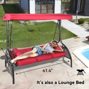 QUYZE 2 in 1 Outdoor Porch Swing, Outdoor Swing with Canopy, 3-seat Porch Swing with Stand Convertible Backrest Swing Bed w/Cup Holders for Front Porch Lawn Cushion and Pillows Included, Wine Red