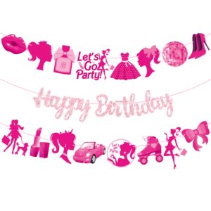 3pcs hot pink girl happy birthday banners pink glitter hot pink princess birthday party decorations for girls doll theme baby shower ladies bachelorette party supplies