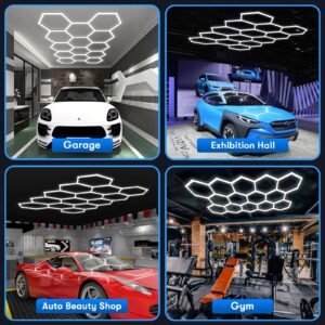 Hexagon Garage Lights: 6500K Cool White 14 Grid Hex Garage Light, 57 Packs LED Light, Super Bright Honeycomb Hexagon Ceiling Llight for Car Detailing Garage Workshop Basement Gym Barber