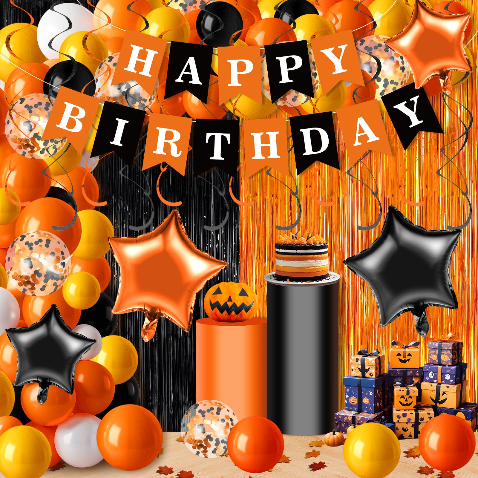 Orange Birthday Decorations Halloween Birthday Party Supplies Orange Black Happy Birthday Banner Balloons Arch Kit Fringe Curtain for Fall Autumn Halloween Birthday Baby Shower Party Decorations