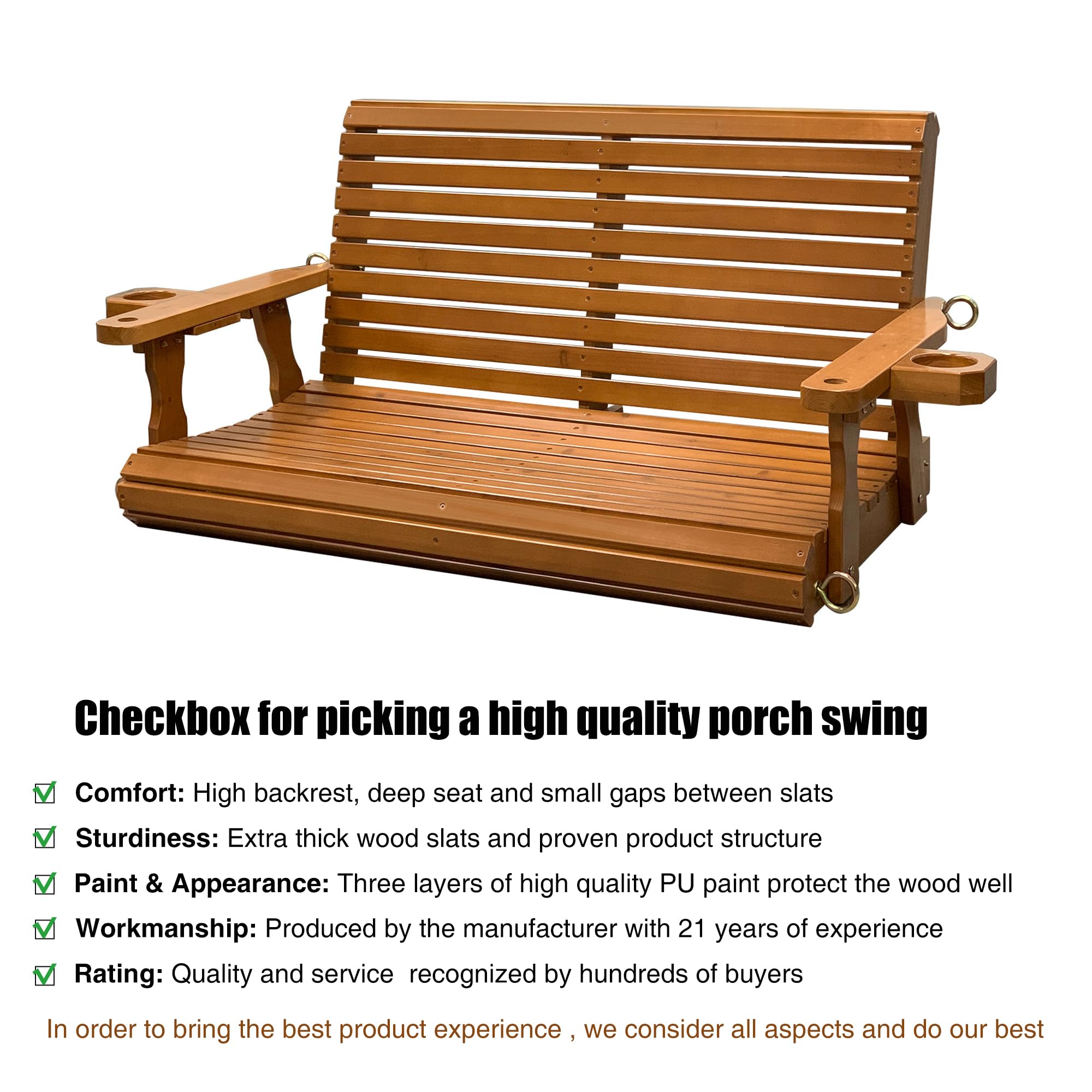 Wooden Porch Swing 2-Seater, Bench Swing with Cupholders, Hanging Chains and 7mm Springs, Heavy Duty 880 LBS, for Outdoor Patio Garden (Teak Tone, 4 FT Extra Large)