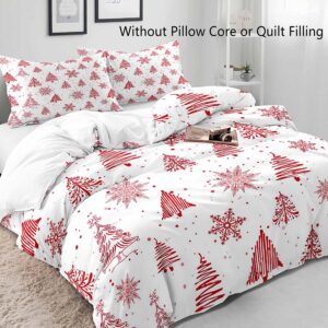 LUVIVIHOME 3PCS Red Christmas Tree Snowflake Duvet Cover Queen Bedding Set, White Duvet Cover, Winter Holiday New Year Christmas Comforter Bedspread Bed in A Bag Quilt Cover, Xmas Gifts 2 Pillow Cases