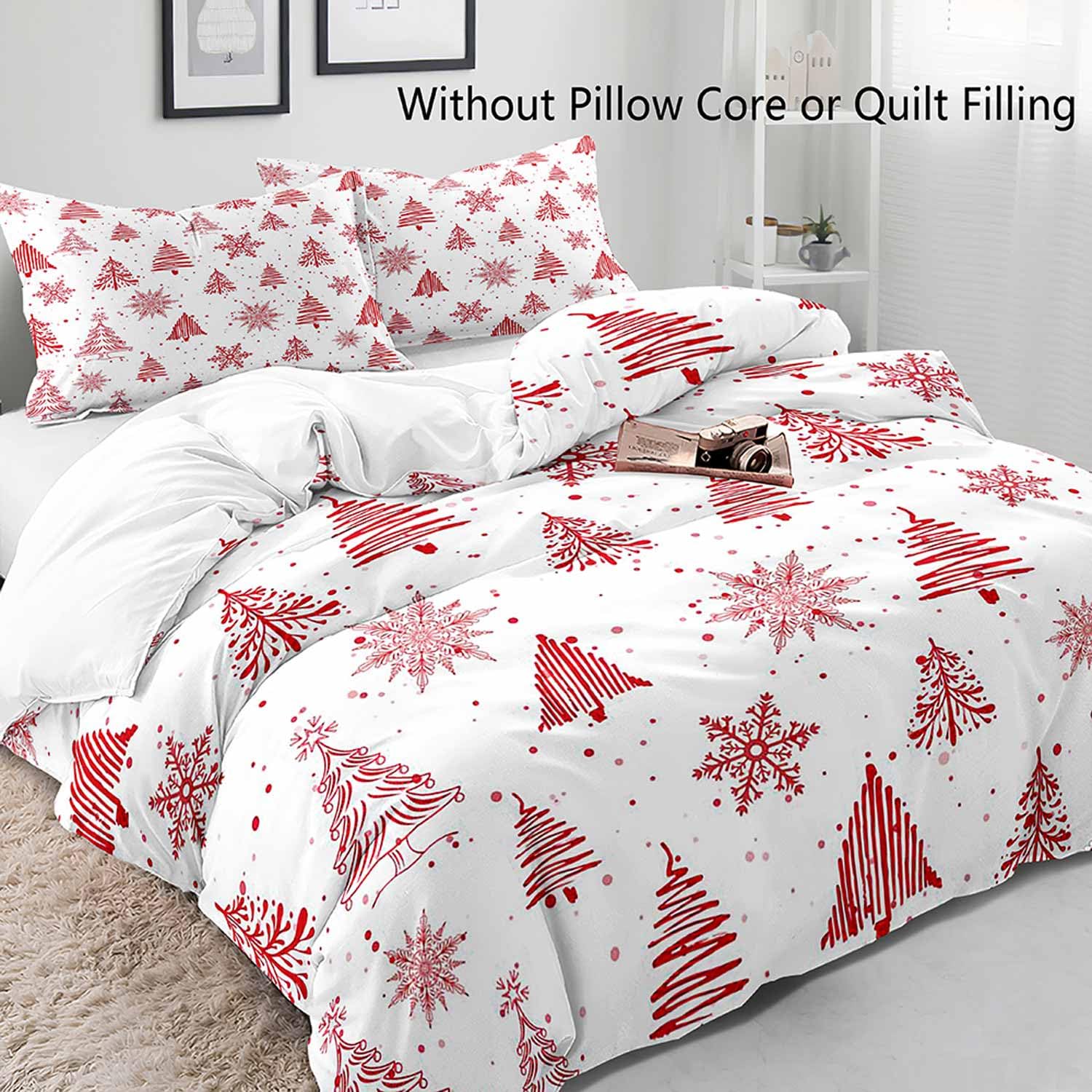 LUVIVIHOME 3PCS Red Christmas Tree Snowflake Duvet Cover Queen Bedding Set, White Duvet Cover, Winter Holiday New Year Christmas Comforter Bedspread Bed in A Bag Quilt Cover, Xmas Gifts 2 Pillow Cases