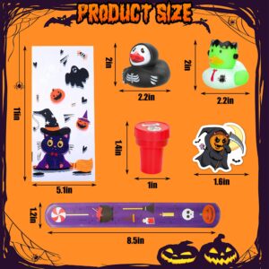 98Pcs Halloween Party Favors Set - Halloween Party Toys 12 Duck, 12 Stamps, 12 Slap Bracelets, 50 Stickers, 12 Gift Bags and Cable Ties - Halloween Themed Party Supplies for Kids