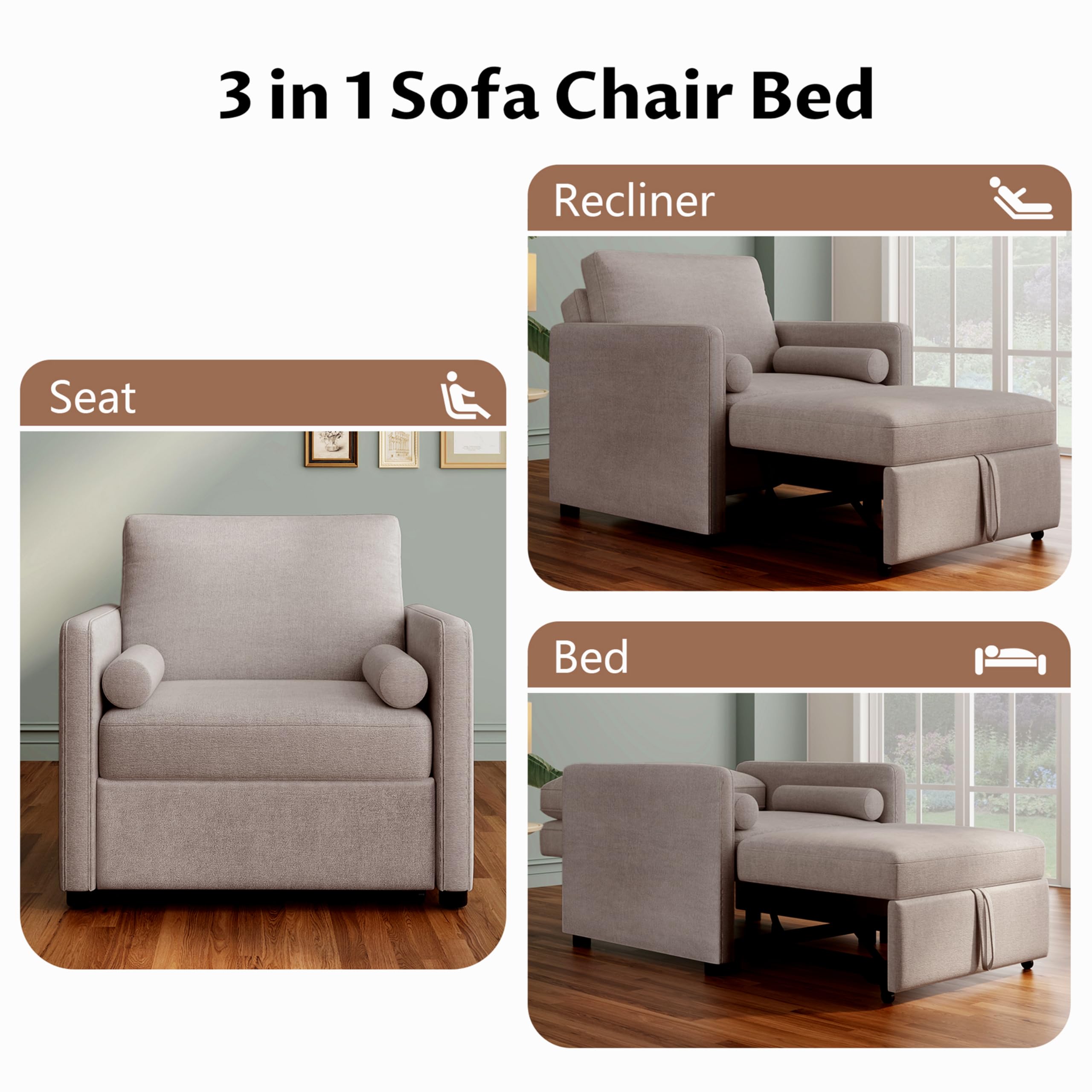 Merax 3-in-1 Convertible Sofa Bed Chair Singe Pull Out Sleeper Couch with Adjustable Backrest Single Armchair Tan