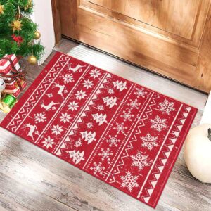 shacos christmas doormat 2x3ft red snowflakes christmas tree deer xmas holiday decor non slip soft machine washable christmas decorative rug small rug indoor front door mat for entryway, red beige