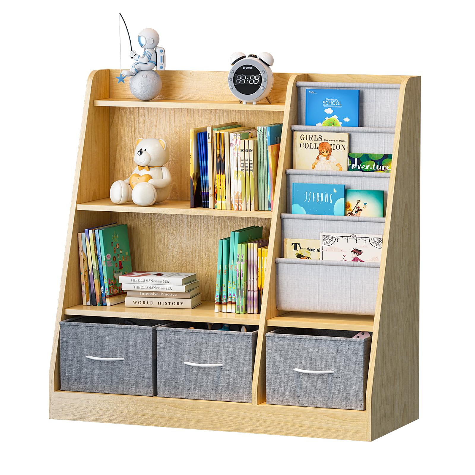 Kid Sling Bookshelf with 3 Storage Bin Drawers Baby Nursery Book Shelf Wood Book Display Shelf Toddler Toy Box Organizer Child Bookcase Montessori Book Rack Cabinet Boy Girl Kid Room Playroom Bedroom