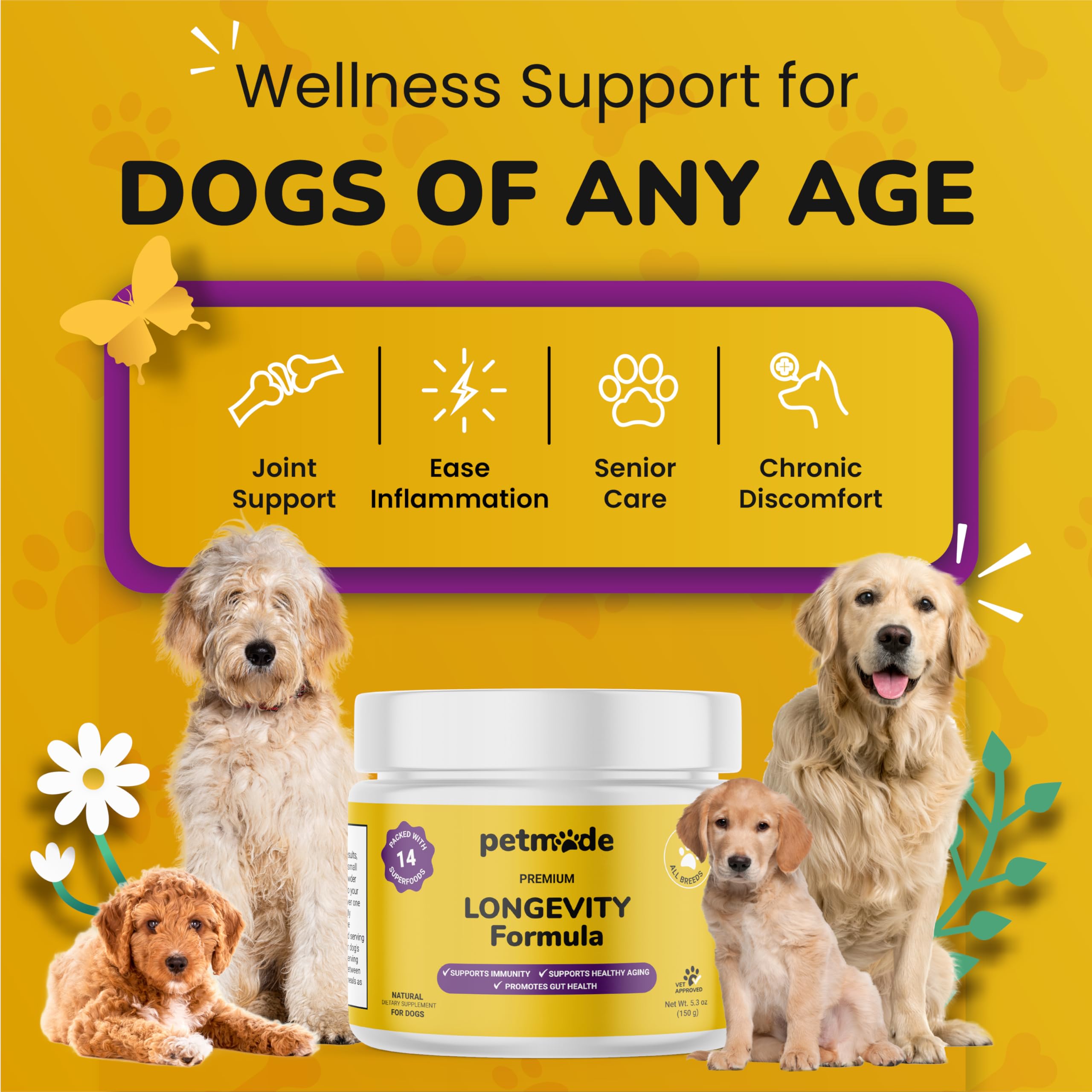 PetMade Turkey Tail Mushroom Antioxidant Dog Supplements & Vitamins Powder - Longevity Formula with Prebiotics and Probiotics for All Dogs, Gut Health, 5.3 oz