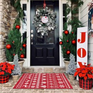 SHACOS Christmas Doormat 2x3ft Red Snowflakes Christmas Tree Deer Xmas Holiday Decor Non Slip Soft Machine Washable Christmas Decorative Rug Small Rug Indoor Front Door Mat for Entryway, Red Beige