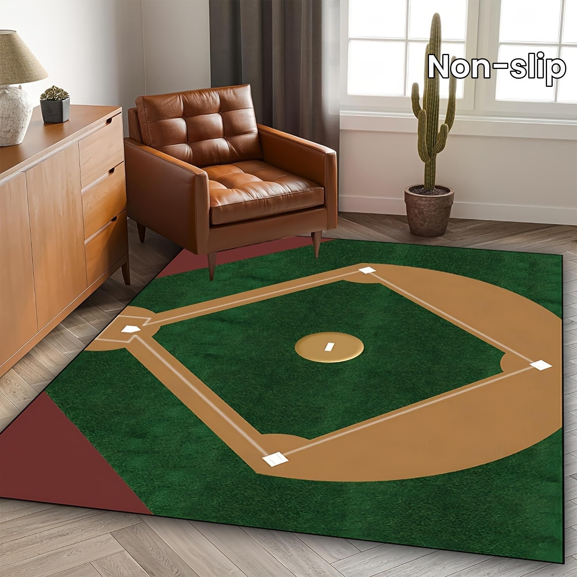 Baseball Field Area Rug, 6x8ft, Retro Sports Field Carpet for Living Room, Sports Theme Durable Anti-Slip Rug, Low Pile Non-Shedding Absorbent Home Decor Carpets for Family Boy Room