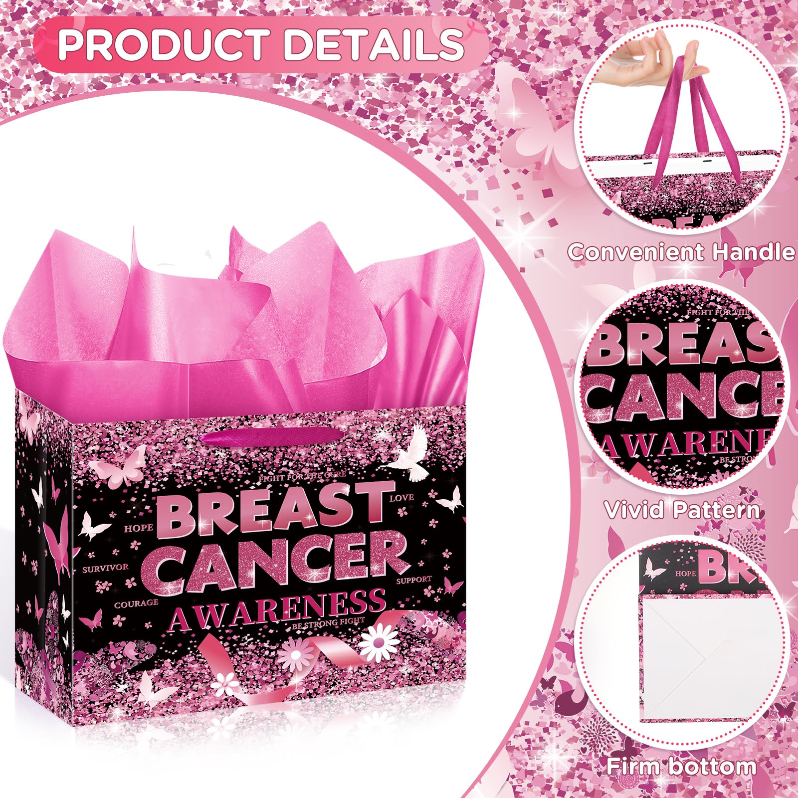 Black Pink Breast Cancer Awareness Gift Bags with Tissue Paper Greeting Card Pink Ribbon Party Favors Breast Cancer Awareness Party Decorations for Christmas Women Patient Friends Coworker Charity