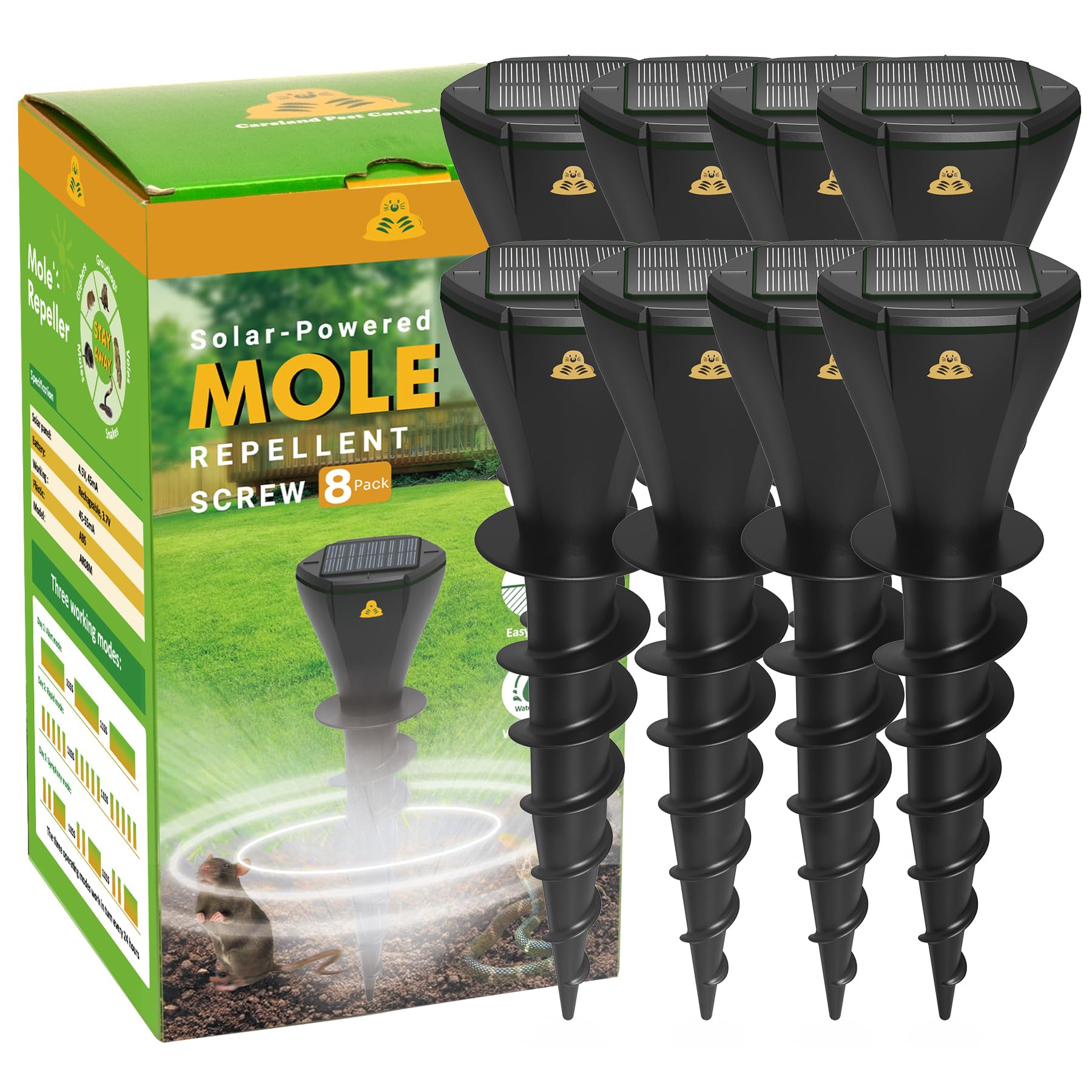 Solar Powered Mole Repellent Stakes Outdoor Ultrasonic Snake Groundhog Gopher Vole Chipmunk Repeller Sonic Deterrent Spikes Device for Lawns and Yard Waterproof - No Poison Killer Traps, Black 8 Pack