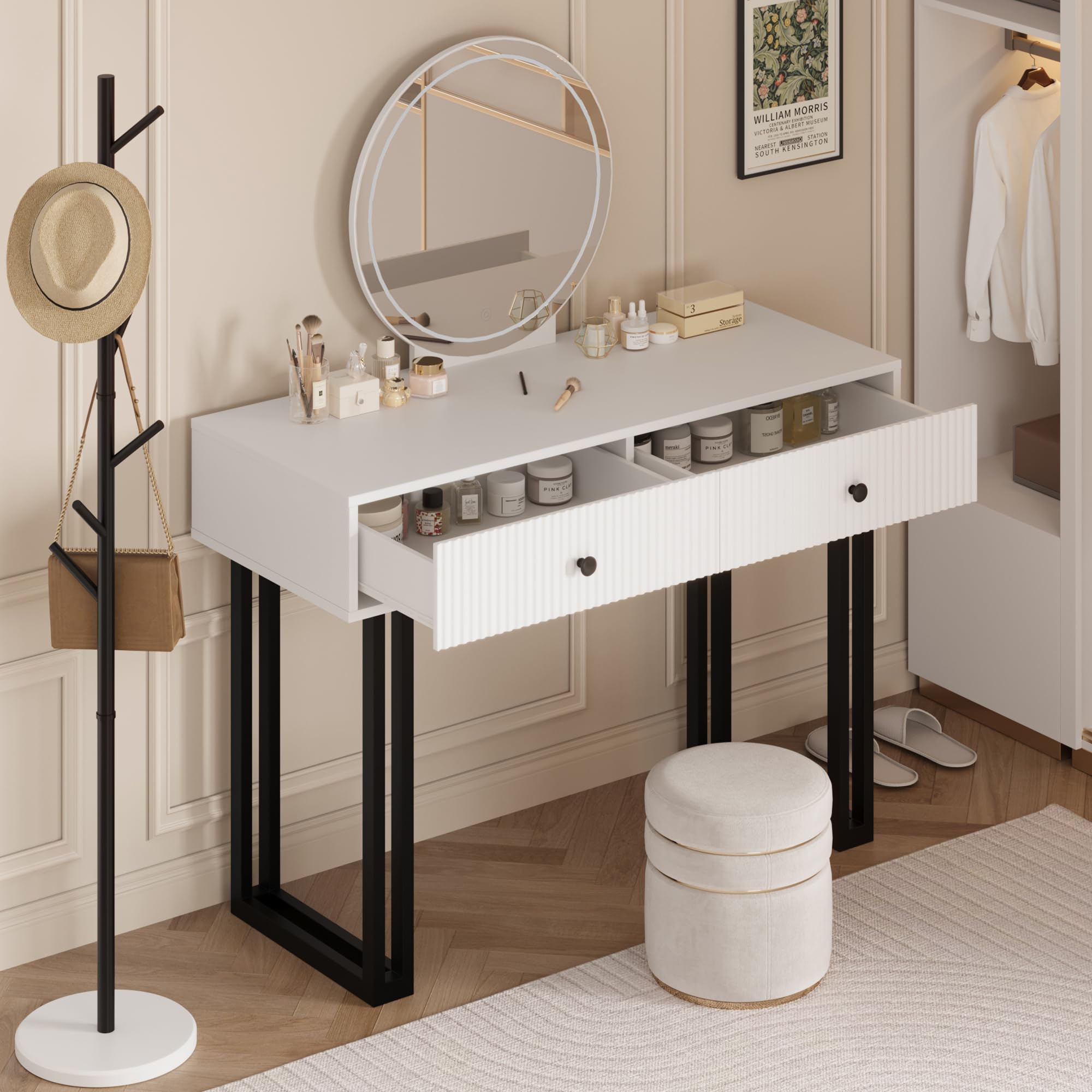 GarveeHome Vanity Desk with Mirror and Lights, Small Makeup Vanity with 2 Drawers, Modern Vanity Organizer with 3 Color Lights＆Adjustable Brightness, Dressing Table for Bedroom, White