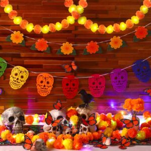 Hotop 39 Pcs Day of the Dead Decor Set Altar De Ofrendas Marigold Garland String Lights Dia De Los Muertos Table Runner Mexican Party Banners Skull Hanging Swirl Monarch Butterfly (Orange and Yellow)