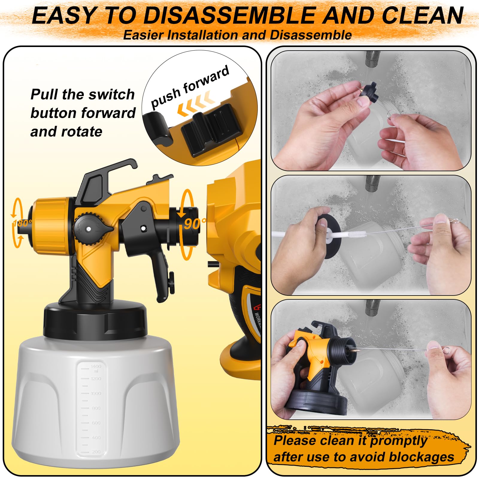 Paint Sprayer 850W HVLP Electric Spray Gun with 4 Nozzles and 3 Patterns, 1400ml Capacity Electric Spray Paint Gun for Furniture, Cabinets, Fence, Walls, Door, Garden Chairs etc. Yellow