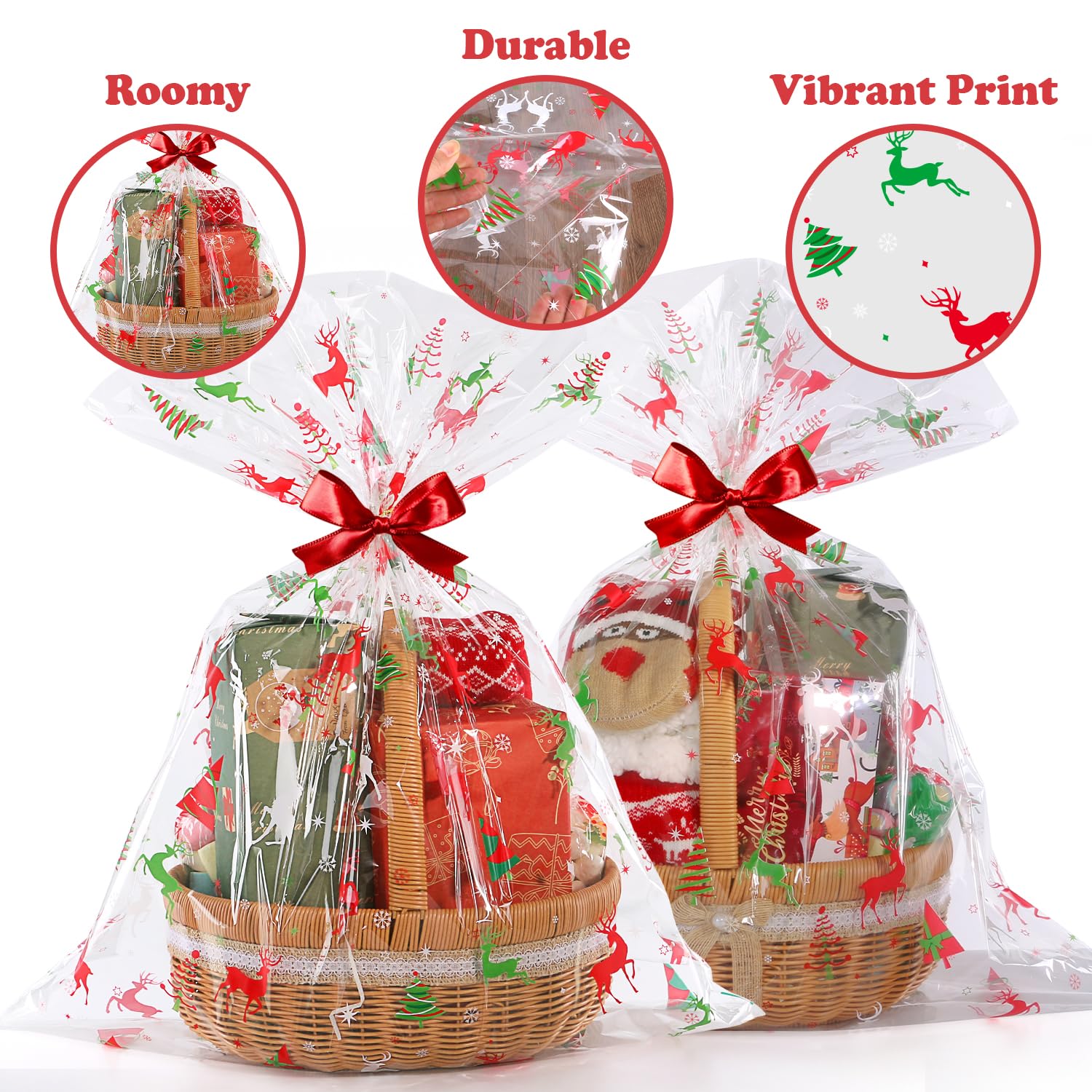 CUDICY Christmas Cellophane Gift Bags 10pcs Large Holiday Gift Wrap 24x30 Inch Clear Gift Basket Wrapping Plastic (Christmas tree,Reindeer)