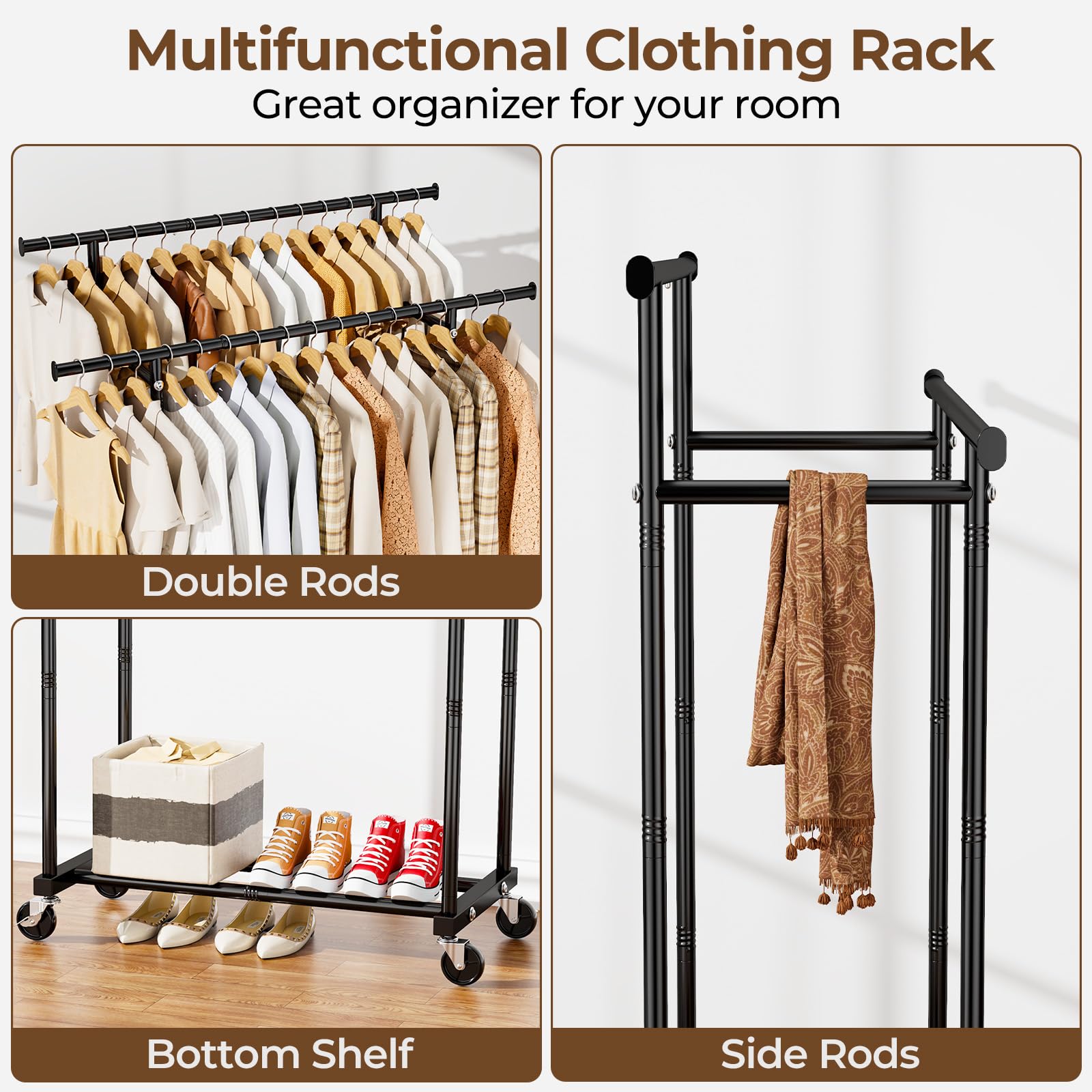 HYSEYY Double Rods Clothes Rack, Sturdy Rolling Clothing Rack, Portable Clothing Racks for Hanging Clothes - Metal Garment Rack Wardrobe Coat Rack for Bedroom Laundry Living Room, Black