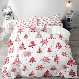 luvivihome 3pcs red christmas tree snowflake duvet cover queen bedding set, white duvet cover, winter holiday new year christmas comforter bedspread bed in a bag quilt cover, xmas gifts 2 pillow cases