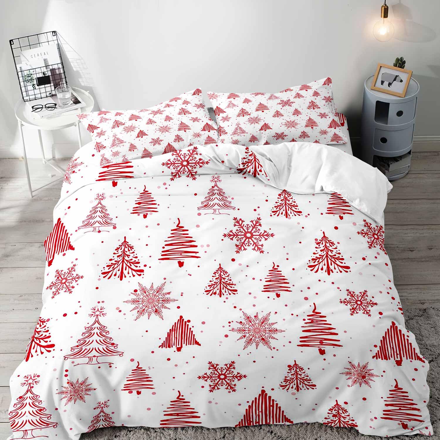 LUVIVIHOME 3PCS Red Christmas Tree Snowflake Duvet Cover Queen Bedding Set, White Duvet Cover, Winter Holiday New Year Christmas Comforter Bedspread Bed in A Bag Quilt Cover, Xmas Gifts 2 Pillow Cases