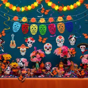 Hotop 39 Pcs Day of the Dead Decor Set Altar De Ofrendas Marigold Garland String Lights Dia De Los Muertos Table Runner Mexican Party Banners Skull Hanging Swirl Monarch Butterfly (Orange and Yellow)