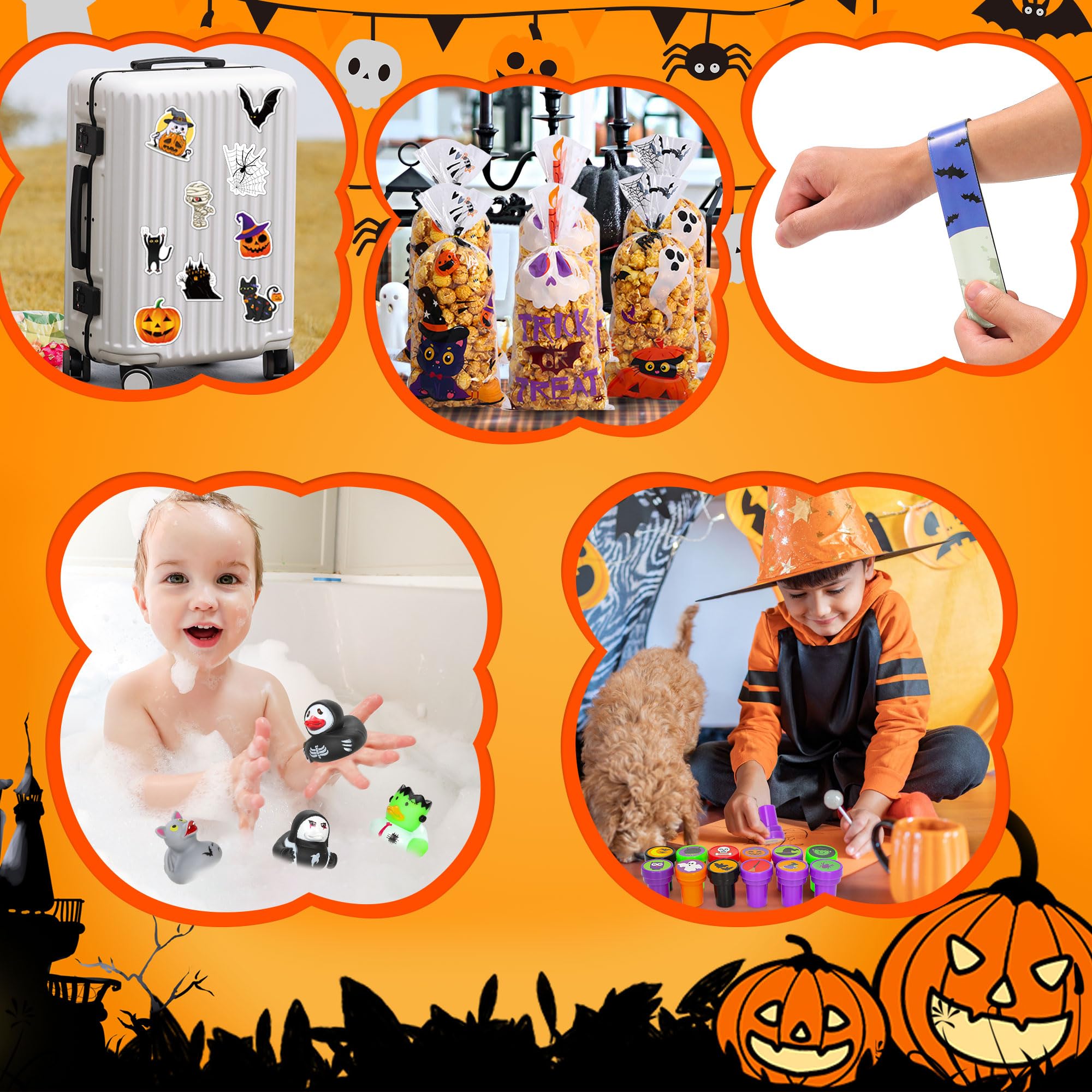 98Pcs Halloween Party Favors Set - Halloween Party Toys 12 Duck, 12 Stamps, 12 Slap Bracelets, 50 Stickers, 12 Gift Bags and Cable Ties - Halloween Themed Party Supplies for Kids