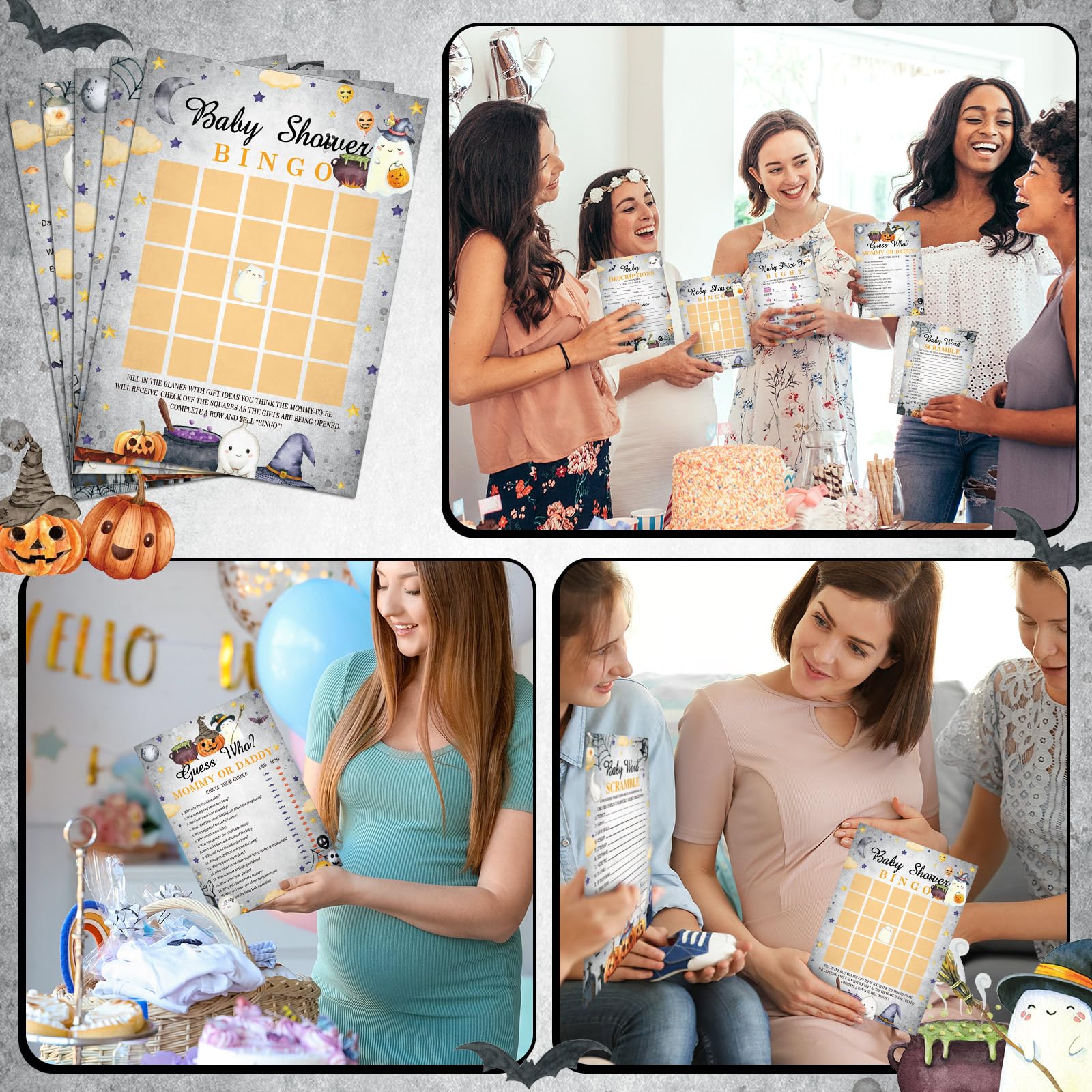 Yinder 145 Pieces Baby Shower Games for Boy or Girl Game Activities Cards with 20 Pencils Includes Baby Bingo Description and Wishes Guess Who Baby Price is Right, Word Scramble Game (Halloween)