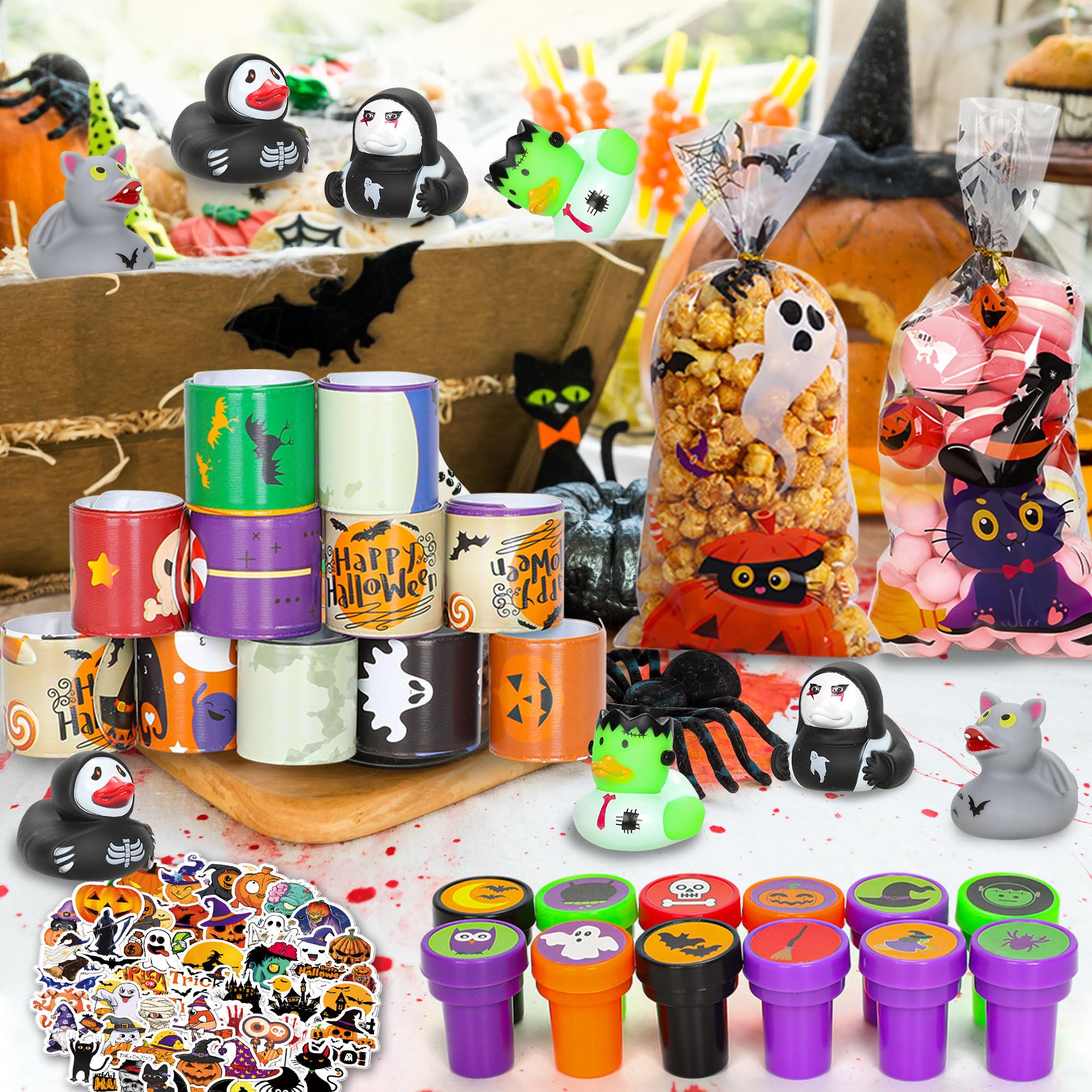 98Pcs Halloween Party Favors Set - Halloween Party Toys 12 Duck, 12 Stamps, 12 Slap Bracelets, 50 Stickers, 12 Gift Bags and Cable Ties - Halloween Themed Party Supplies for Kids