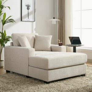 Merax Modern Upholstered Indoor Chaise Lounge with Pillows, Charge Station & Cup Holders, Single Sofa Couch with Armrest and Soild Wood Legs, Gream