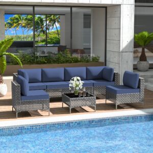 Piltwoff Patio Furniture Set,7 Piece Outdoor Sectional Sofa, Open-Weave Wicker Patio Conversation Sets with Navy Cushions & Glass Coffee Table for Balcony Porch Pool Deck,Grey Rattan