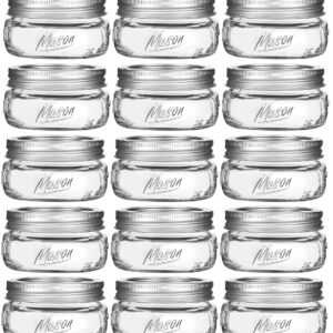 16 Pack Mason Jars 8 oz - Wide Mouth Mason Jars with Silver Metal Airtight Lids and Bands, Glass Canning Jar for Canning, Pickling, Preserving, Jam, Honey, DIY Decor, Shower Favors