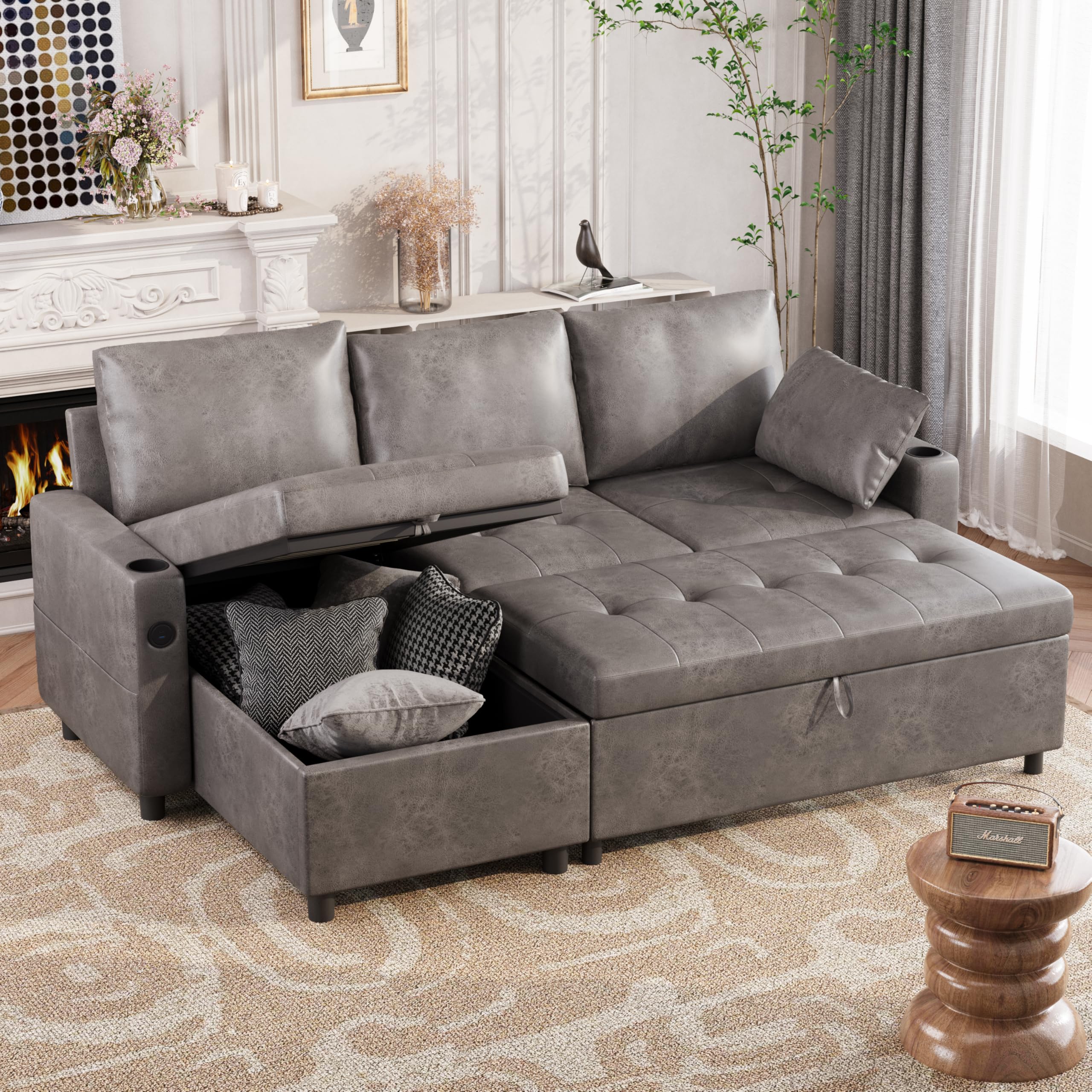 Esright Sleeper Sofa Couch with Pullout Bed, Faux Leather Sofa Bed Pull Out Couch Bed Sofa Pull Out Couch with Storage, Sectional Sleeper Sofa Couch with Pull Out Bed for Living Room Clearance, Grey